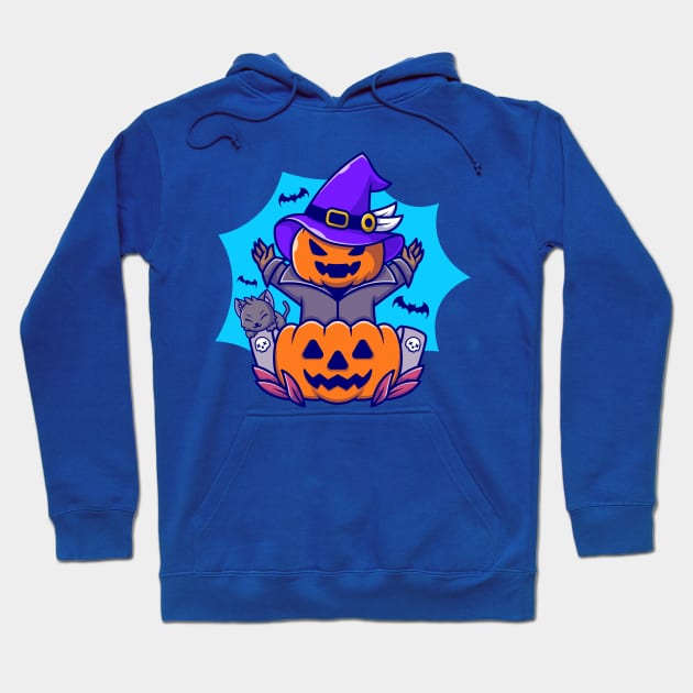 Cute Witch Pumpkin Halloween With Cat And Bat Cartoon Hoodie by Catalyst Labs